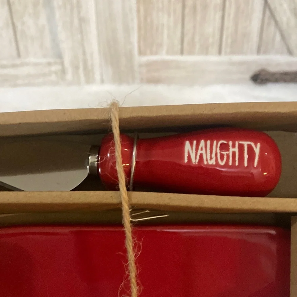 Rae Dunn Red 'Nice' Plate and 'Naughty' Knife Set